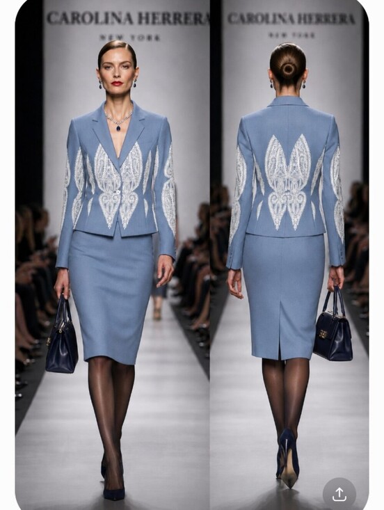 Carolina Herrera Dresses & Skirts - Carolina Herrera 12 Blue Gray Ivory Jacquard Embroidered Peak Lapel Skirt Suit